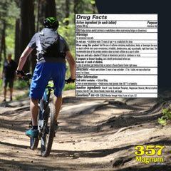 357 HR MAGNUM energy tablets closeup capsules reveal 200 mg caffeine.