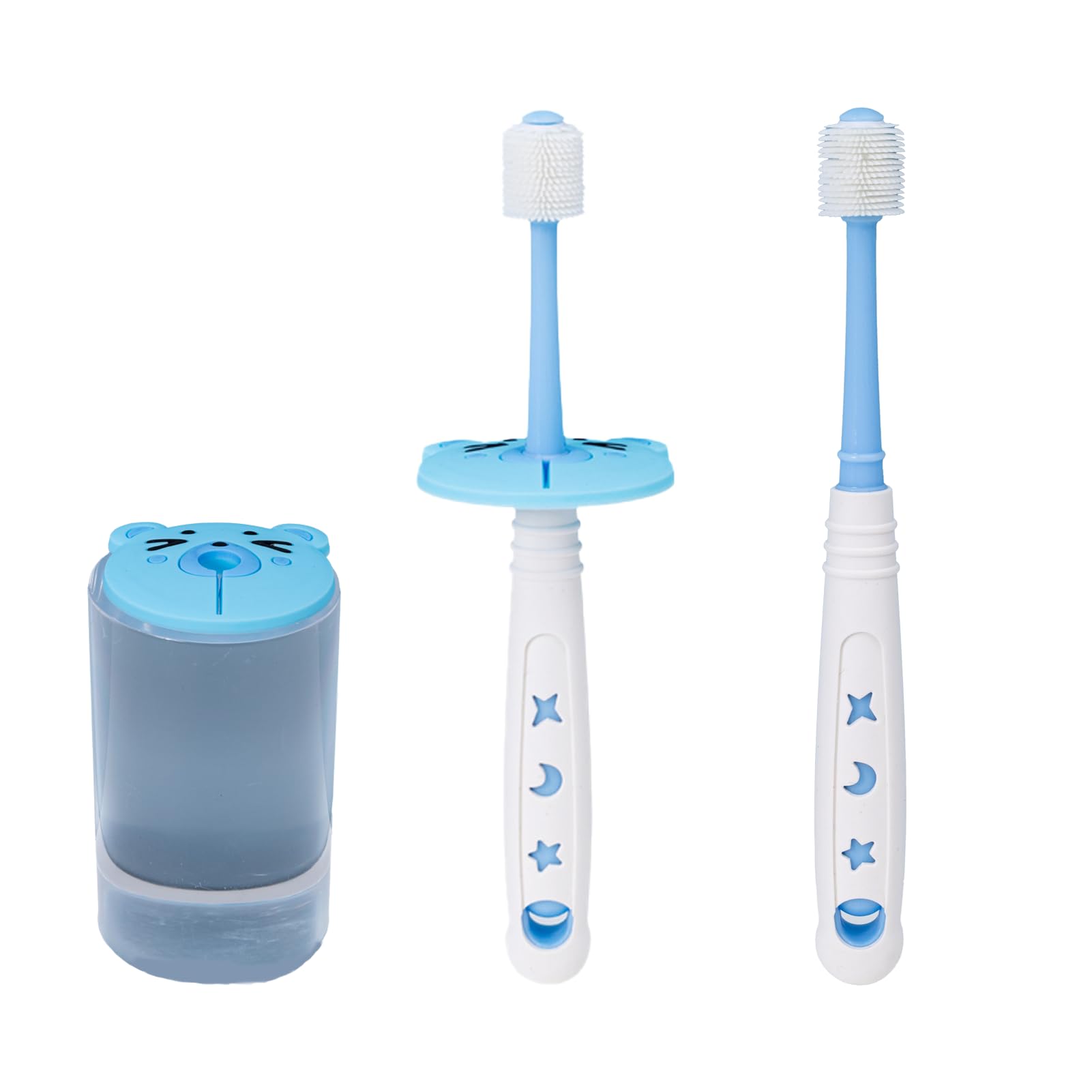 360-degree kids toothbrush in blue with kitten baffle