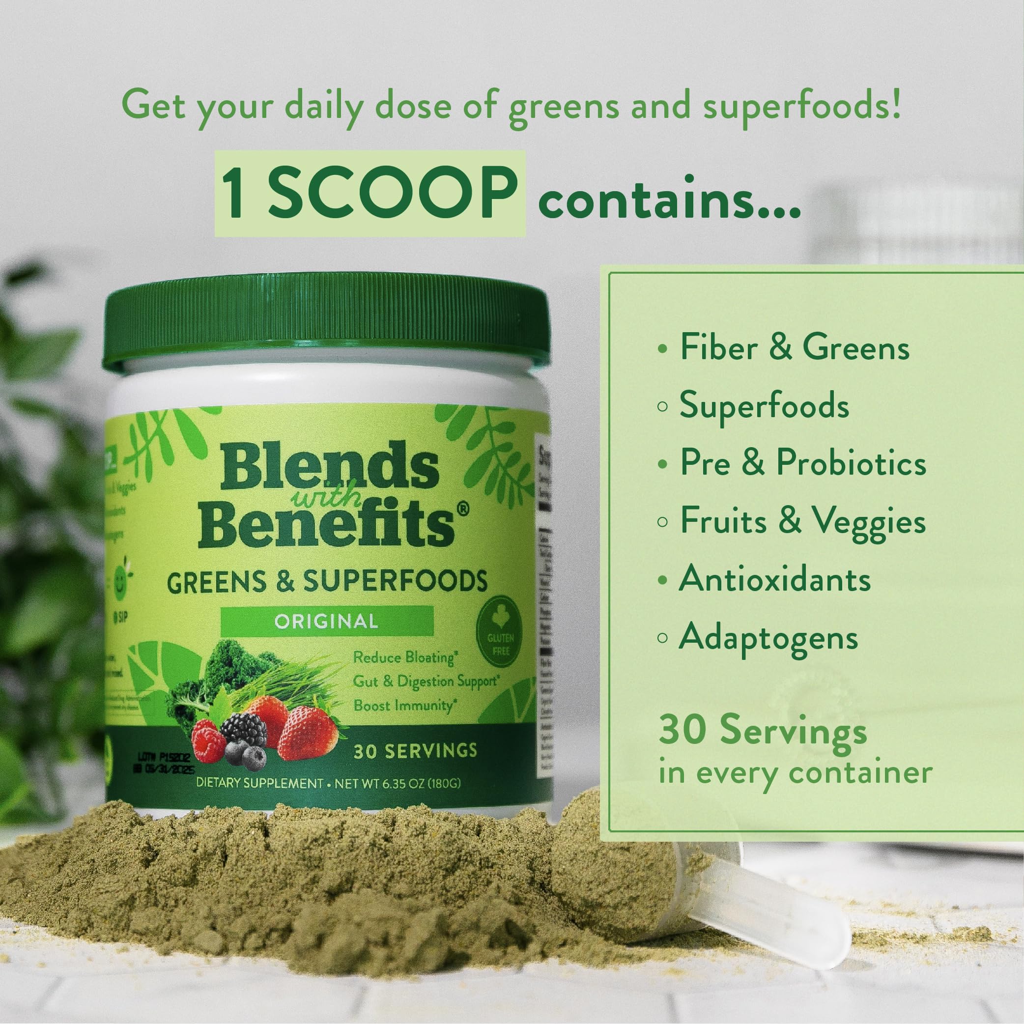 Product shot with glass and scoop illustrating mixing greens powder