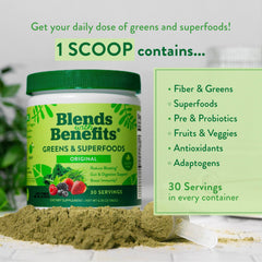 Product shot with glass and scoop illustrating mixing greens powder