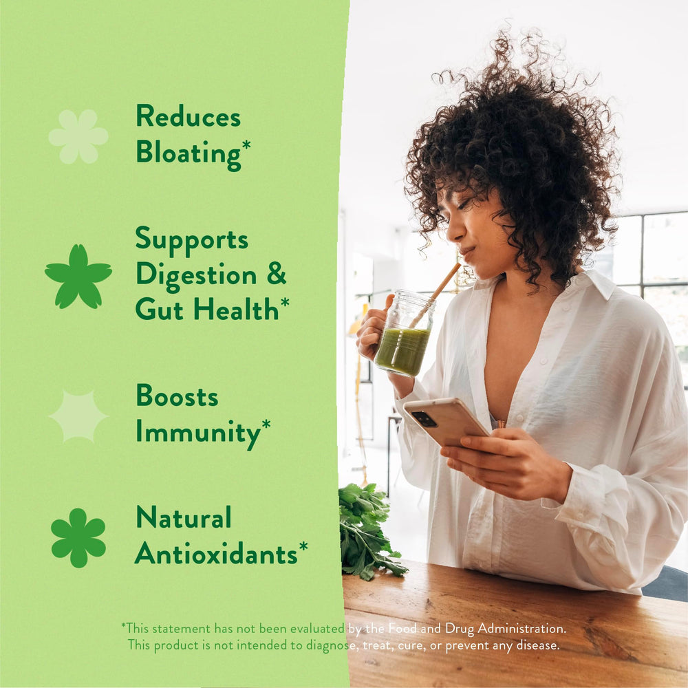 Visual of greens, fiber, and superfoods included in the formula