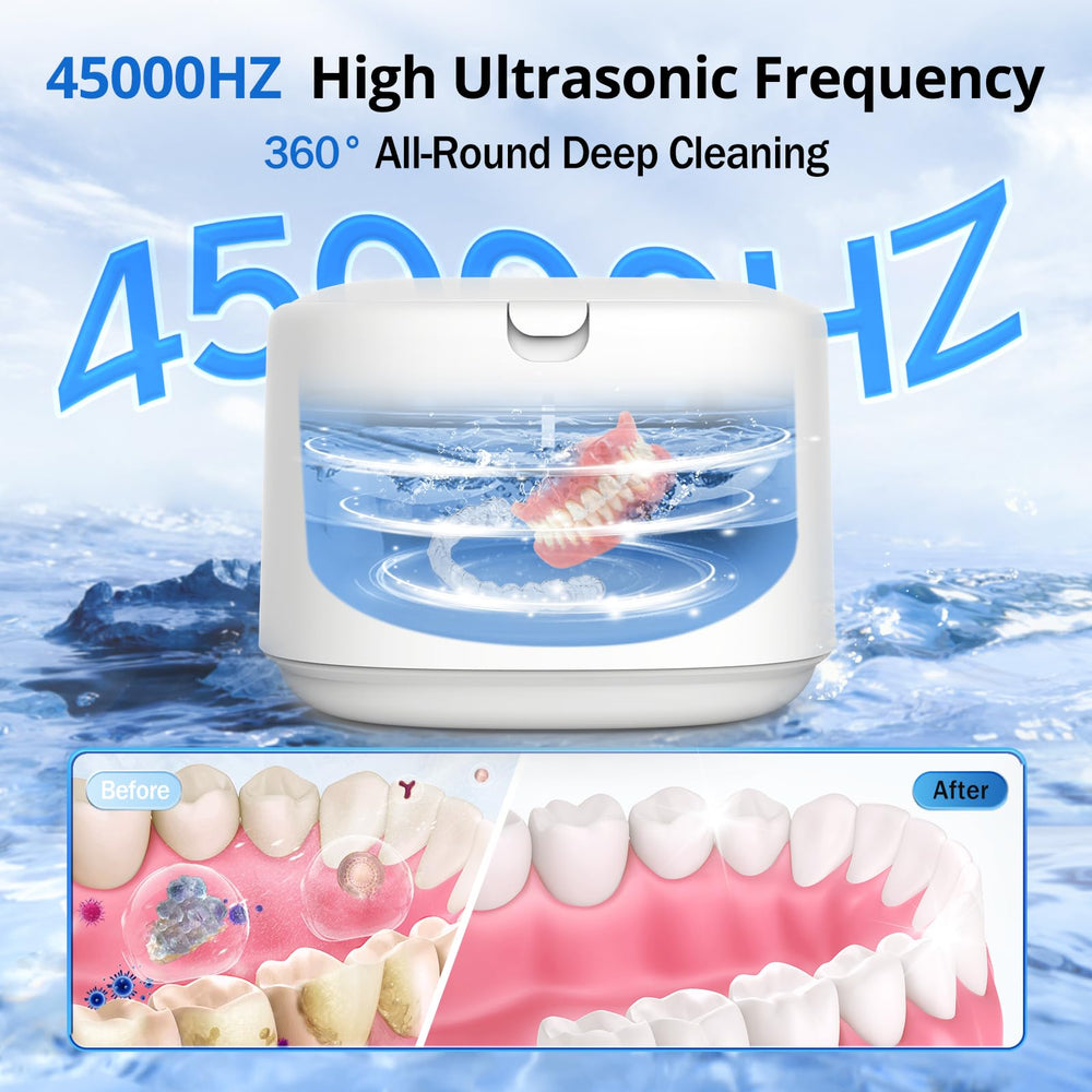 Close-up of 45kHz ultrasonic waves cleaning dentures