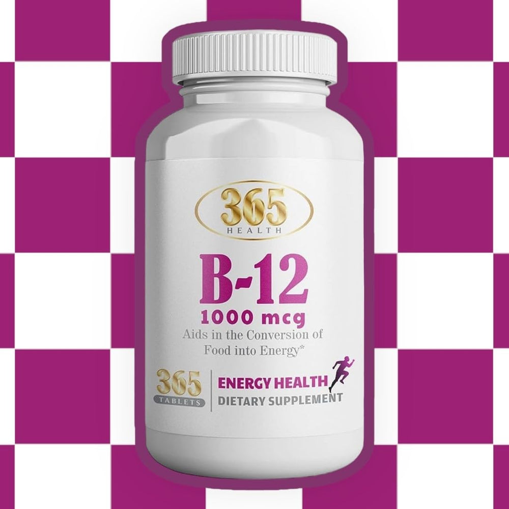 Packaging of 365 Health Vitamin B12 supplement showing 365-day supply
