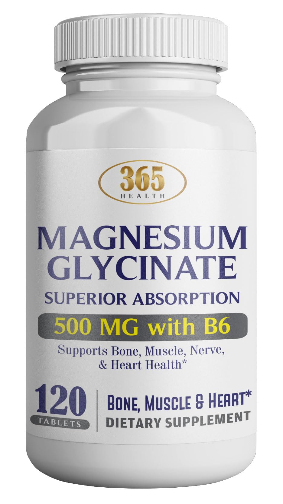 365 Health Magnesium Glycinate 500mg bottle with 120 vegetarian tablets