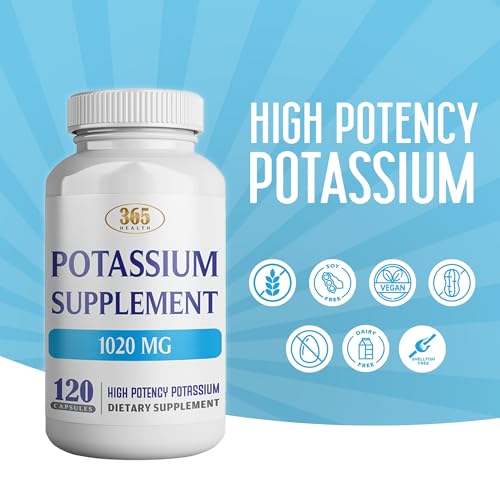 Product bottle with label showing 1020 mg potassium
