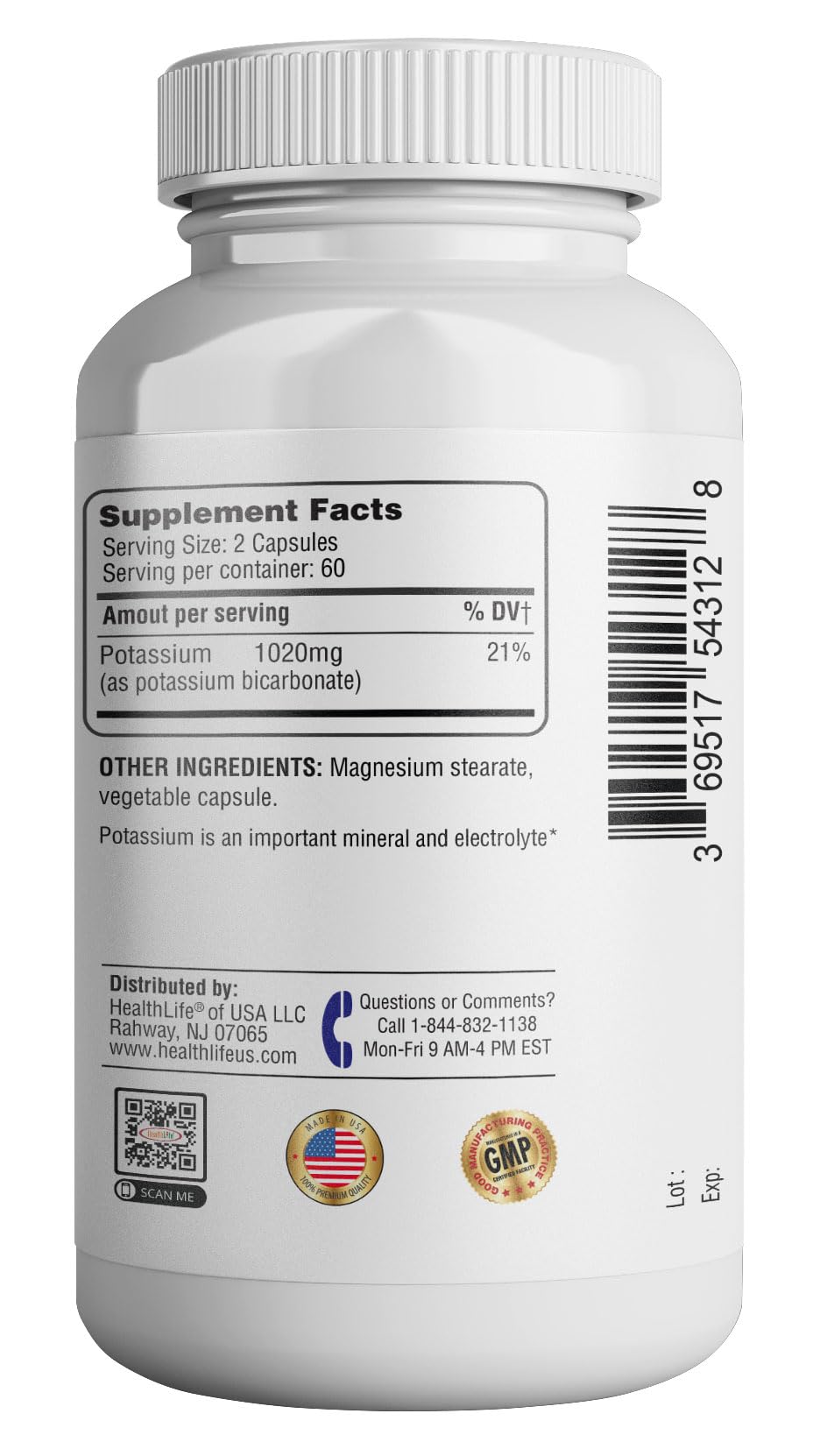 Potassium supplement product image with benefits list