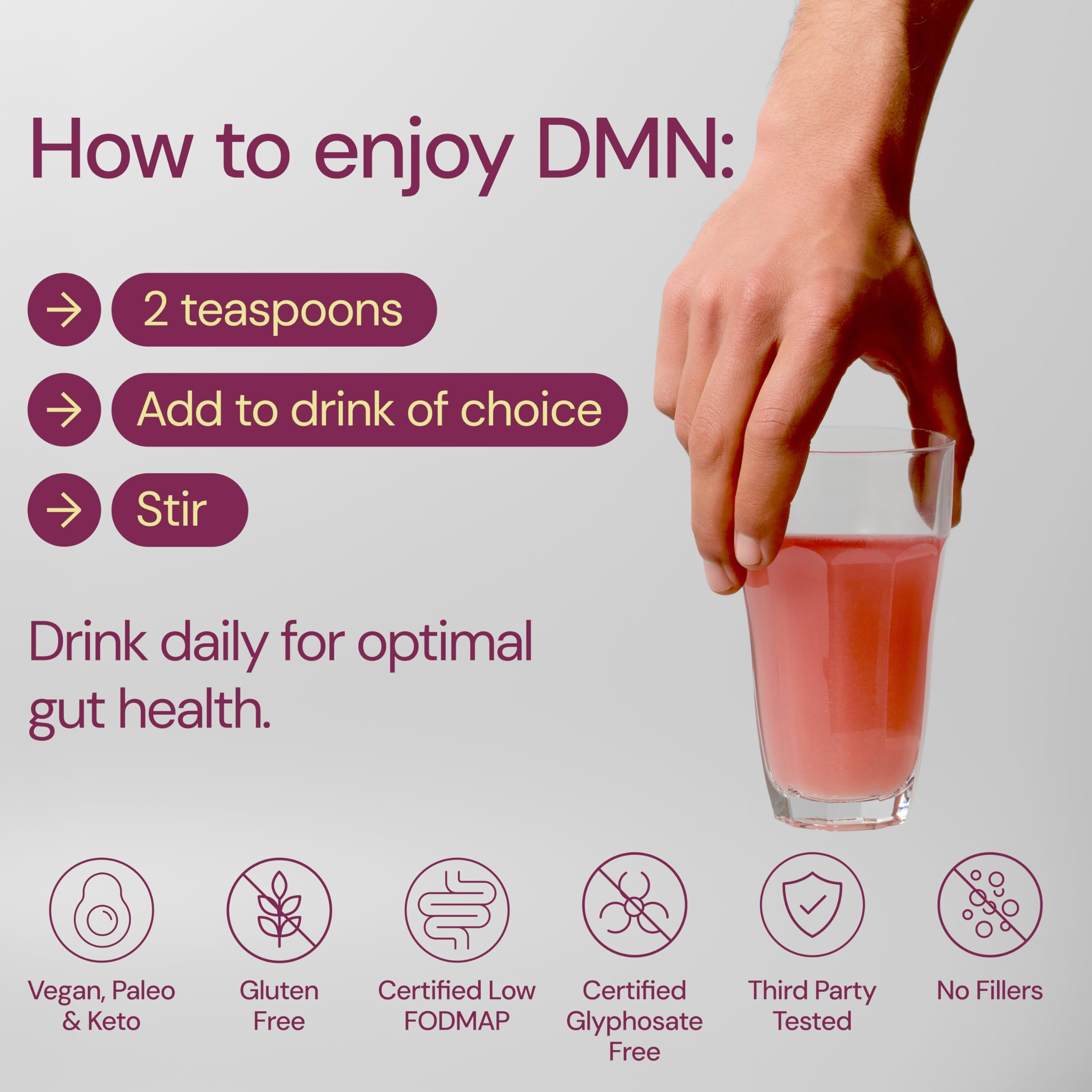 Smoothie with DMN powder being stirred into a beverage