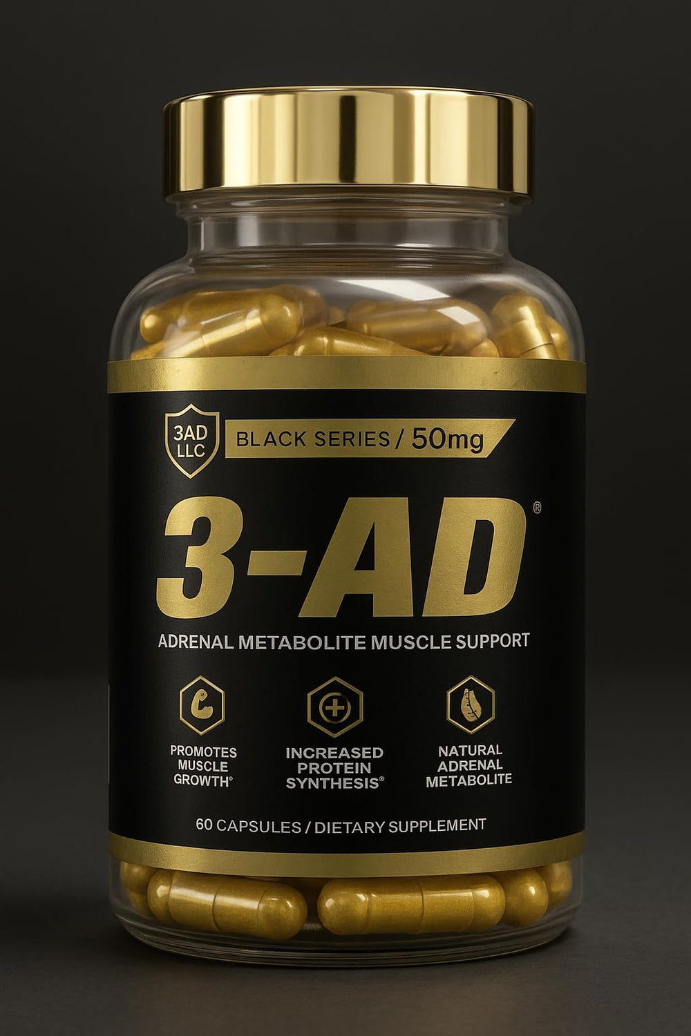 3AD Black Series bottle front highlighting lean muscle and vitality