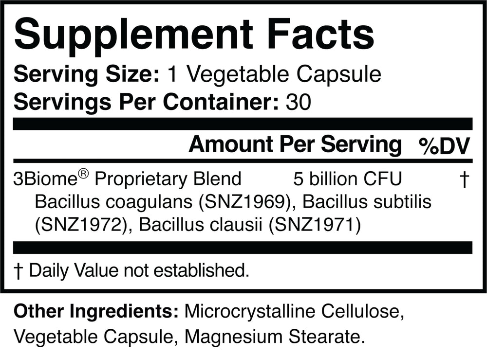 3Biome label close-up displaying Non-GMO, Vegan, Gluten-Free