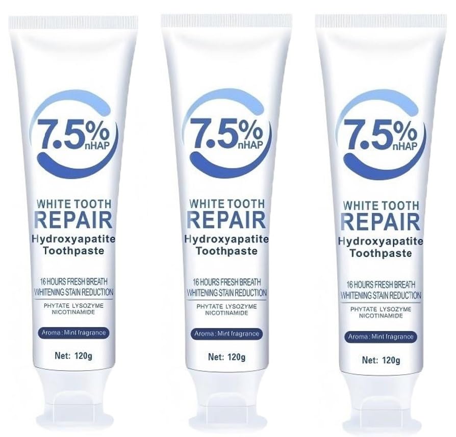 Three tubes of 7.5% hydroxyapatite toothpaste for enamel protection