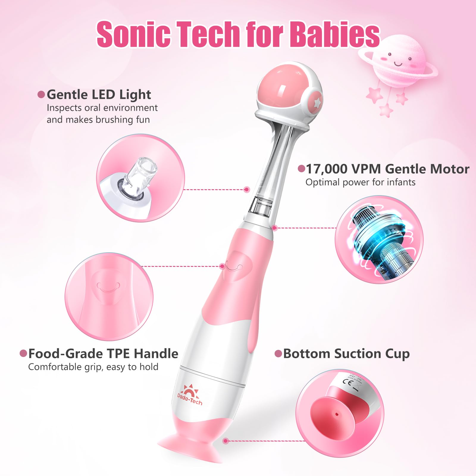 Four brush heads included with toddler toothbrush