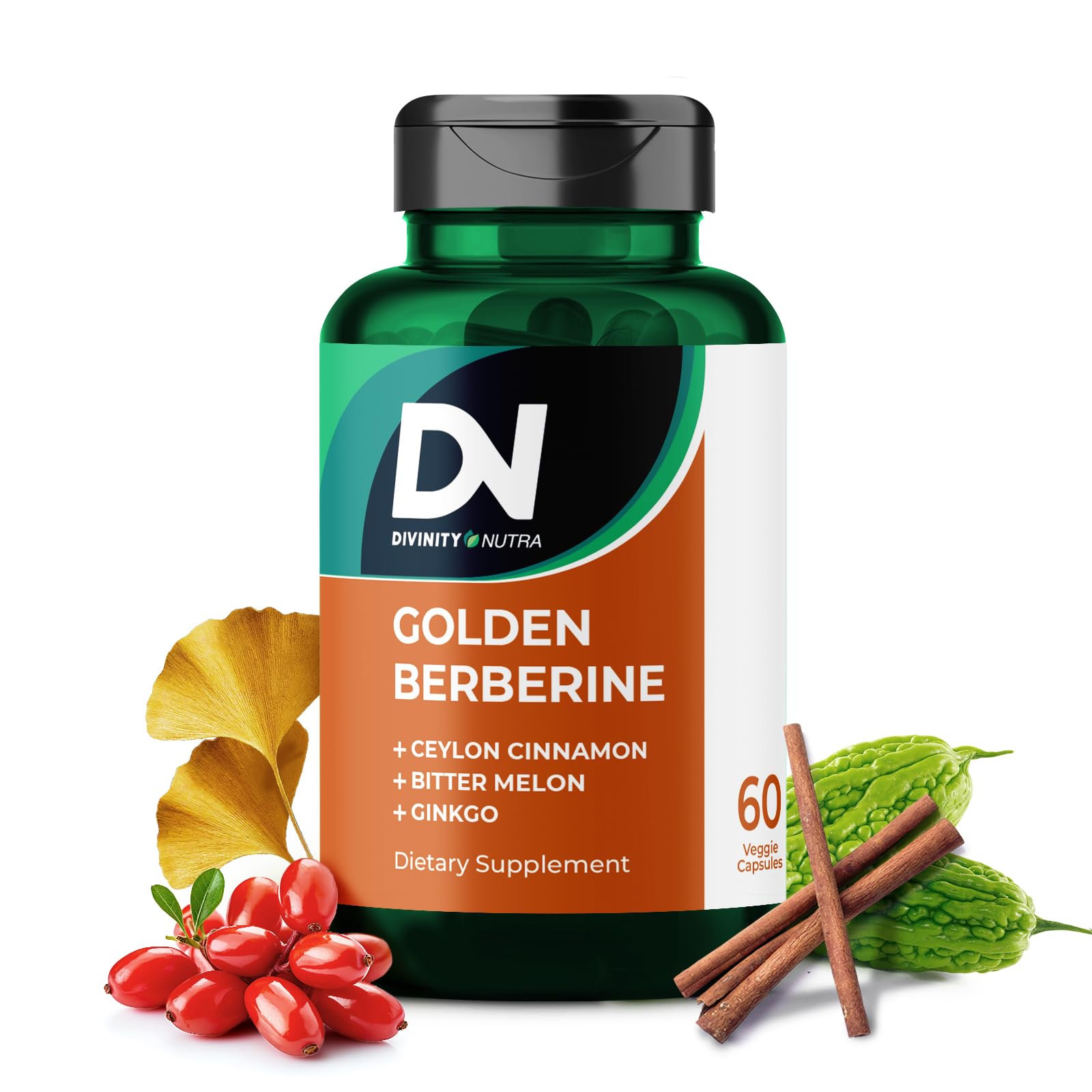 Hero image: 4-in-1 Golden Berberine supplement bottle with Cinnamon, Bitter Melon, and Ginkgo