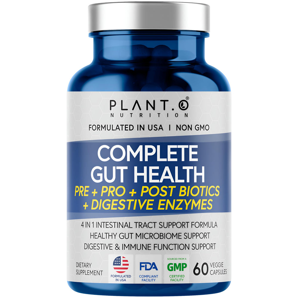 4-in-1 gut health supplement bottle showing prebiotics, probiotics, postbiotics and digestive enzymes
