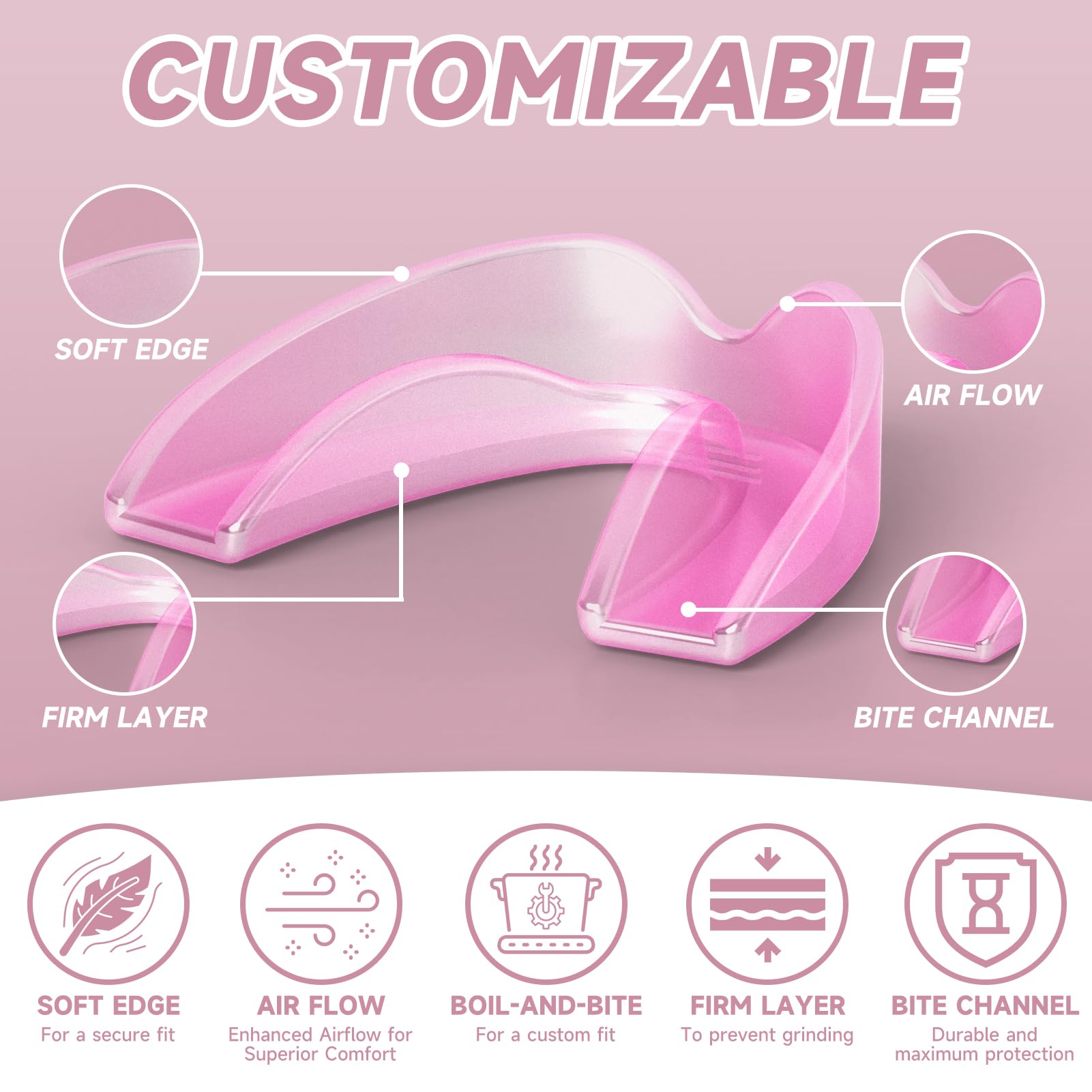Pink kids mouth guard laid flat to show color