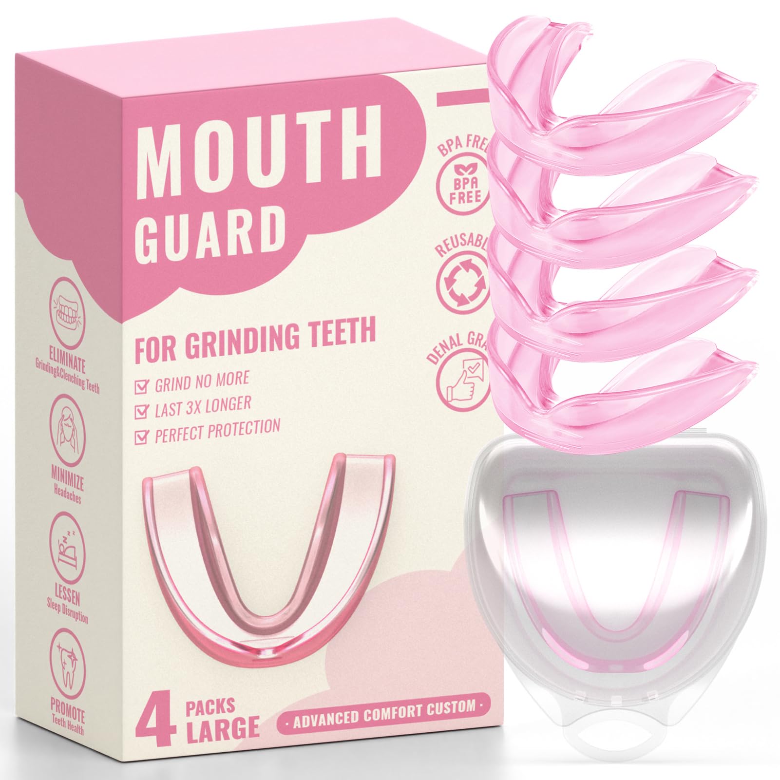 4-pack pink mouth guards designed for teeth grinding and clenching