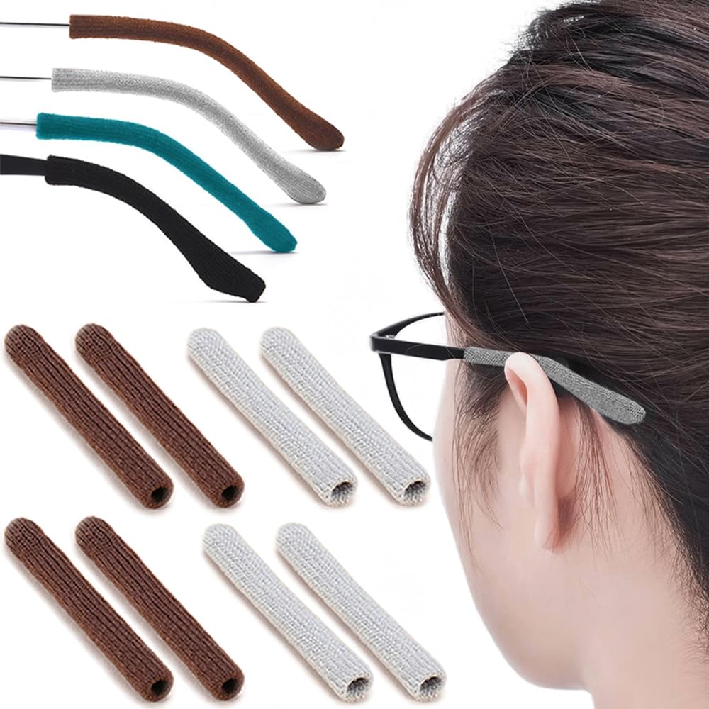 Knitted cotton eyeglasses ear grips behind the ear, Brown & Grey, pair 1