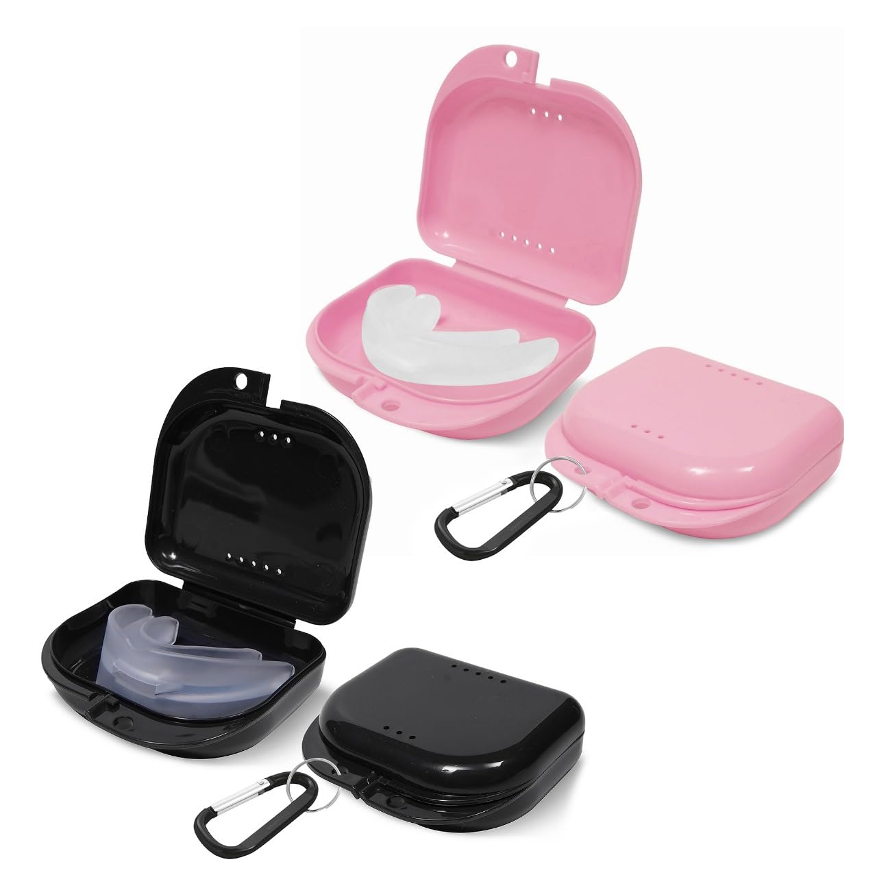 4-piece Aligner & Retainer Case Set in Pink and Black with Carabiners - Odorless, Vent Holes, 3.14x3.07x1.1 in