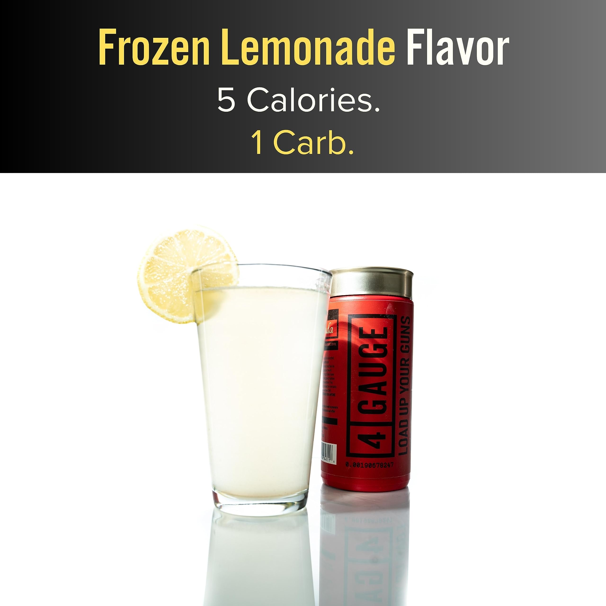 4 Gauge Frozen Lemonade powder on scoop promises refreshing flavor during workouts.