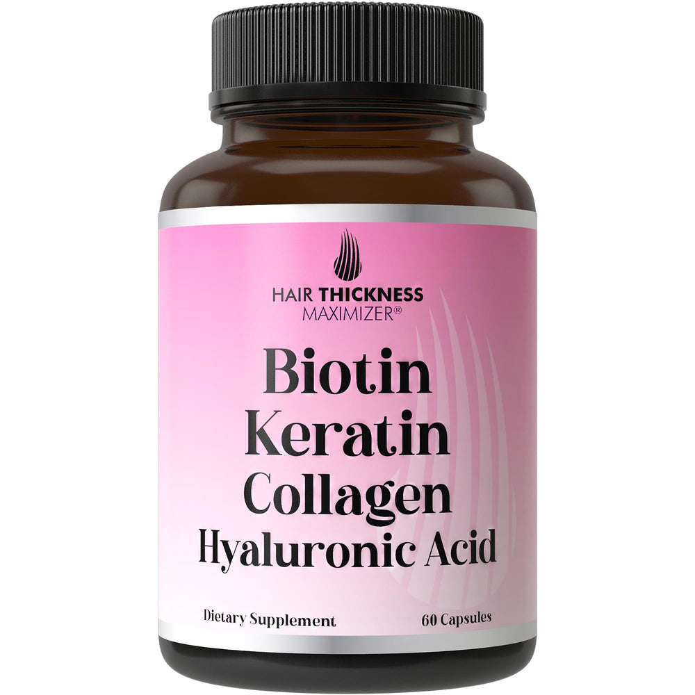 Bottle of 4-in-1 hair growth vitamins with biotin, keratin, marine collagen and hyaluronic acid