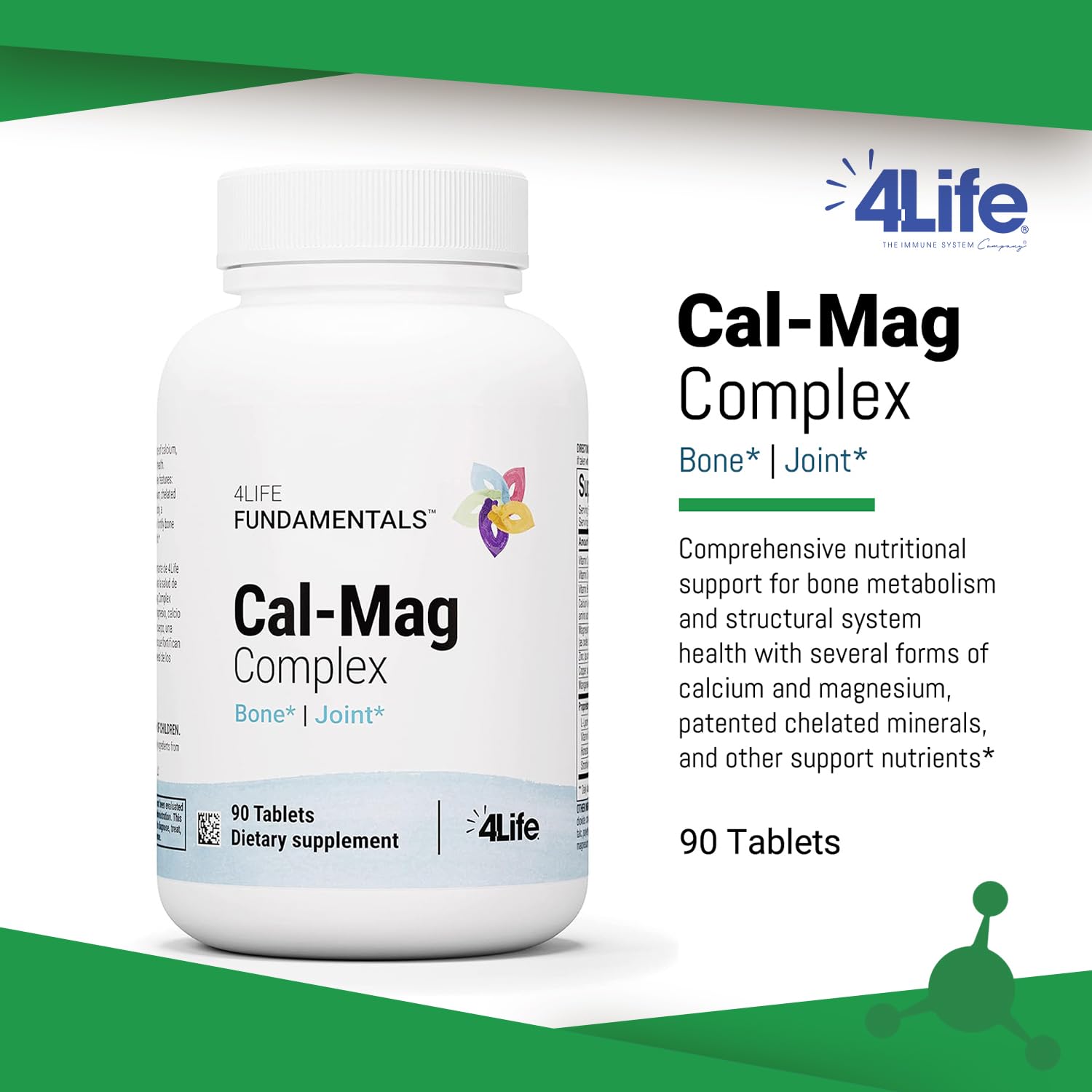 Label on 4Life Cal-Mag Complex showing calcium, magnesium, vitamin D, and vitamin K