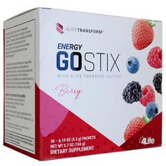 4Life Energy Go Stix bottle pour showing berry flavor for on-the-go energy