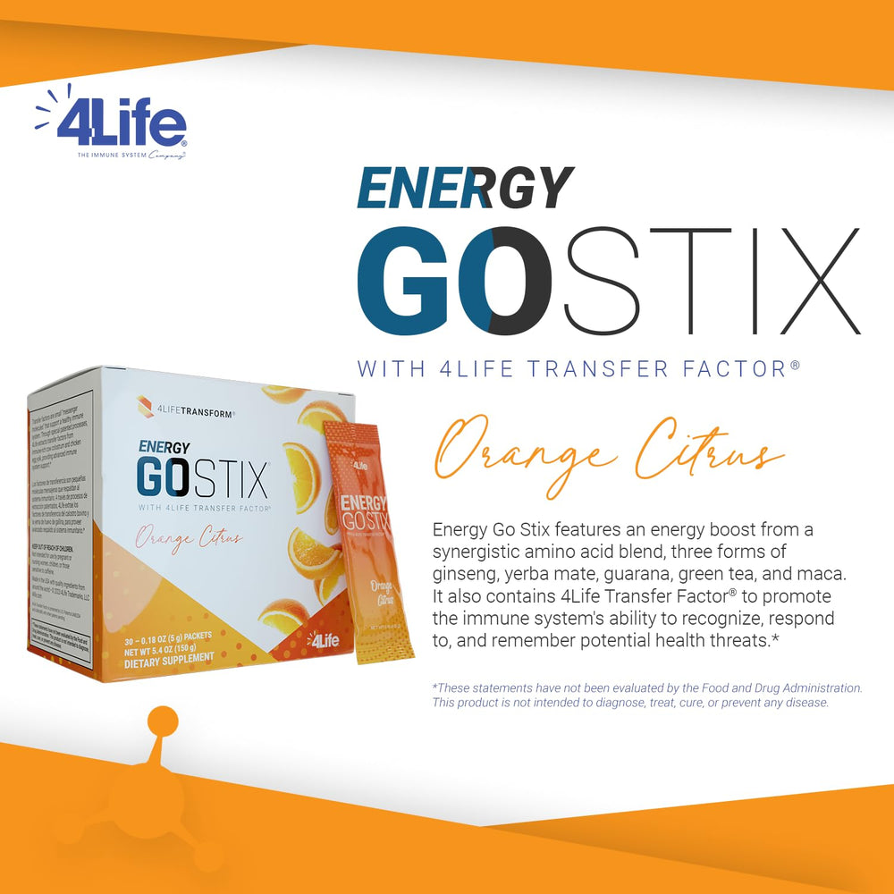 4Life Energy Go Stix orange citrus glass shows easy mix for refreshing focus.