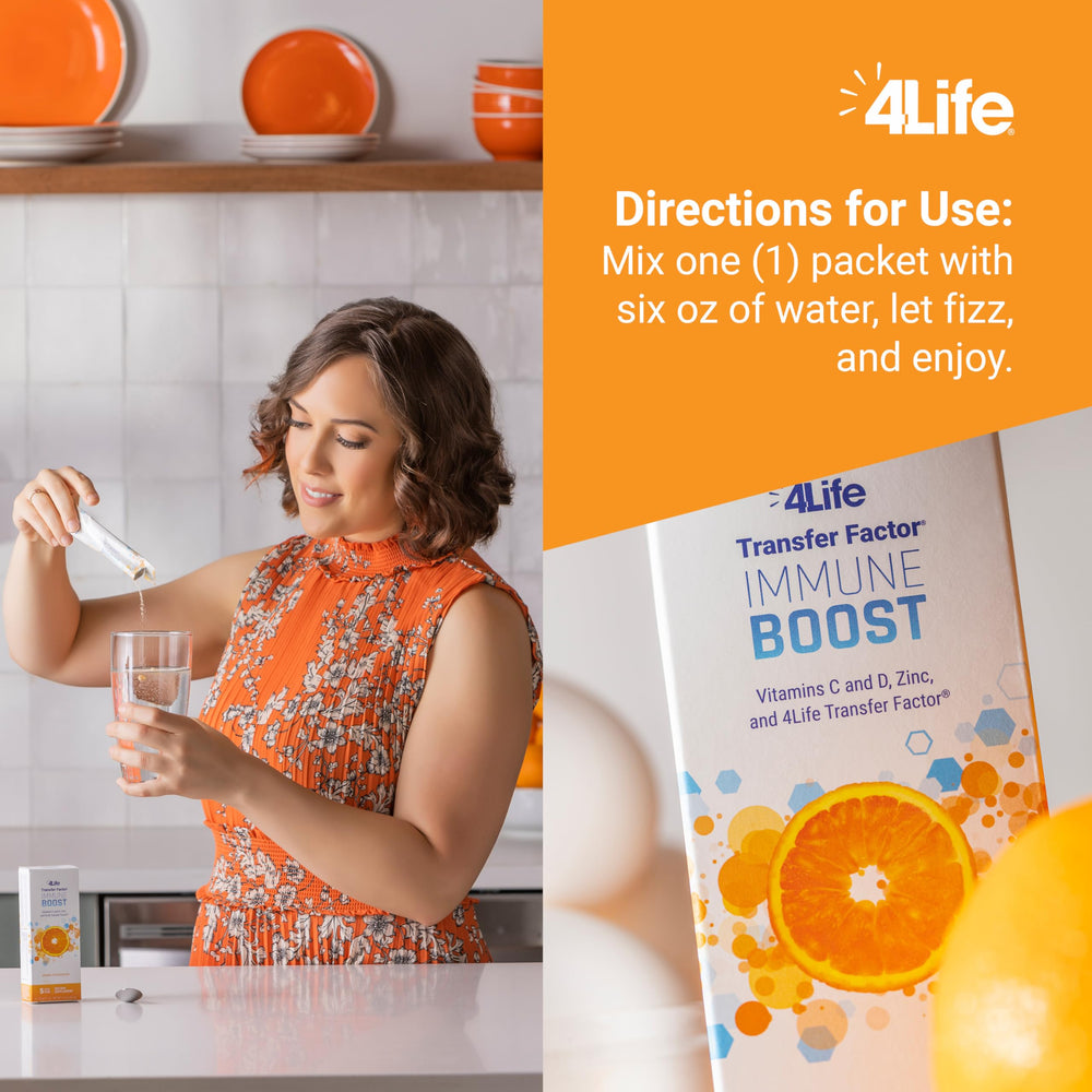 Orange-flavored powder being prepared, highlighting vitamin C content