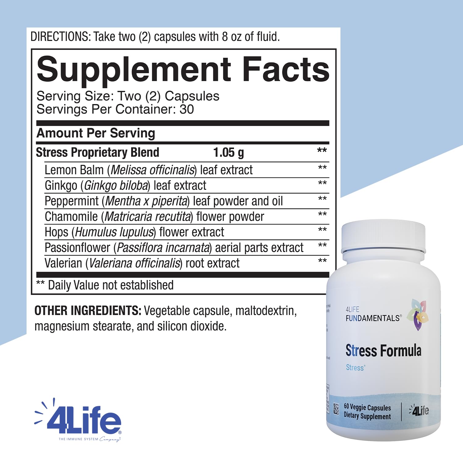 Close-up of 4Life Stress Formula bottle label