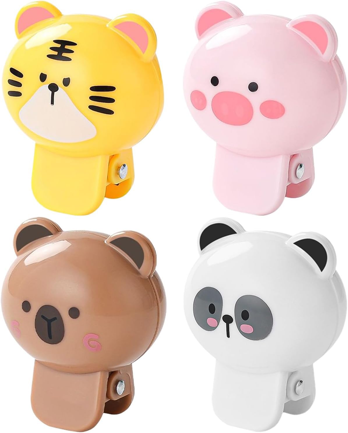 Four animal-shaped toothbrush head covers: panda, pig, tiger, and capybara.