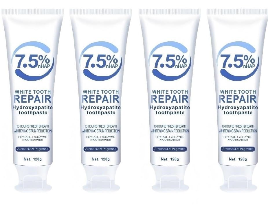 Front view of 4-piece hydroxyapatite toothpaste bottle highlighting enamel protection