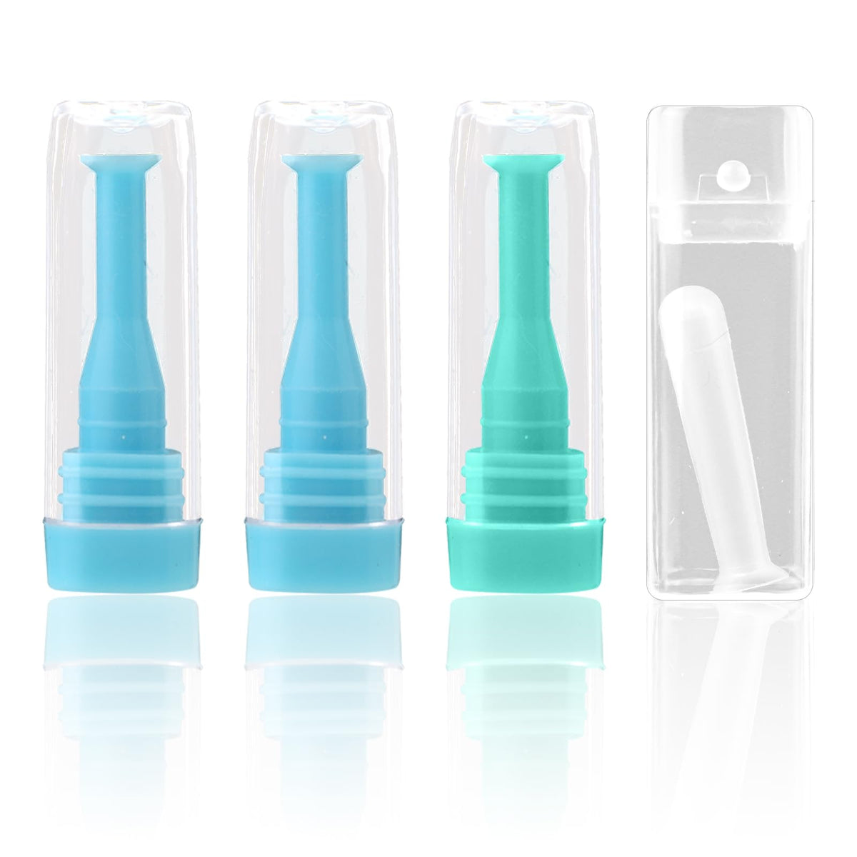 4 pieces of silicone contact lens remover tools in blue and green