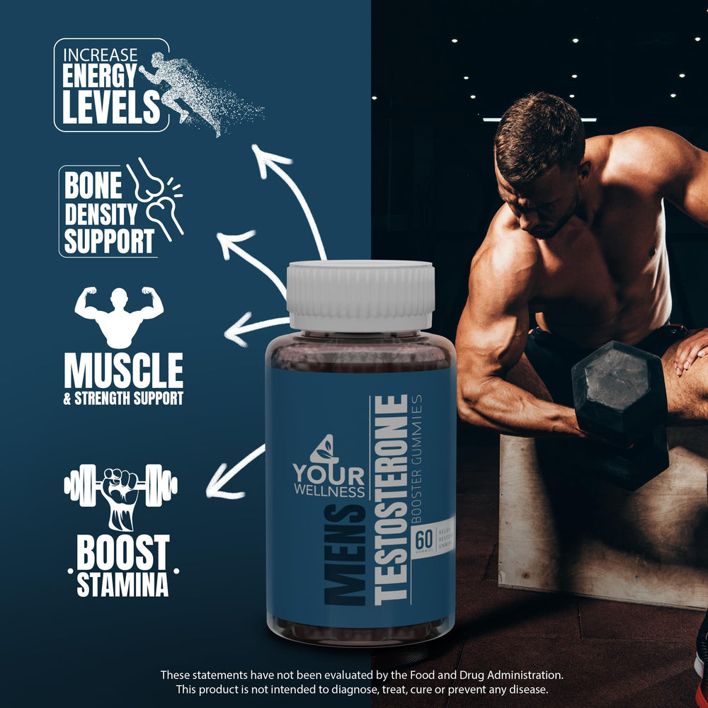 4 Your Wellness testosterone gummies ingredients panel highlights Tongkat Ali and Maca for vitality.