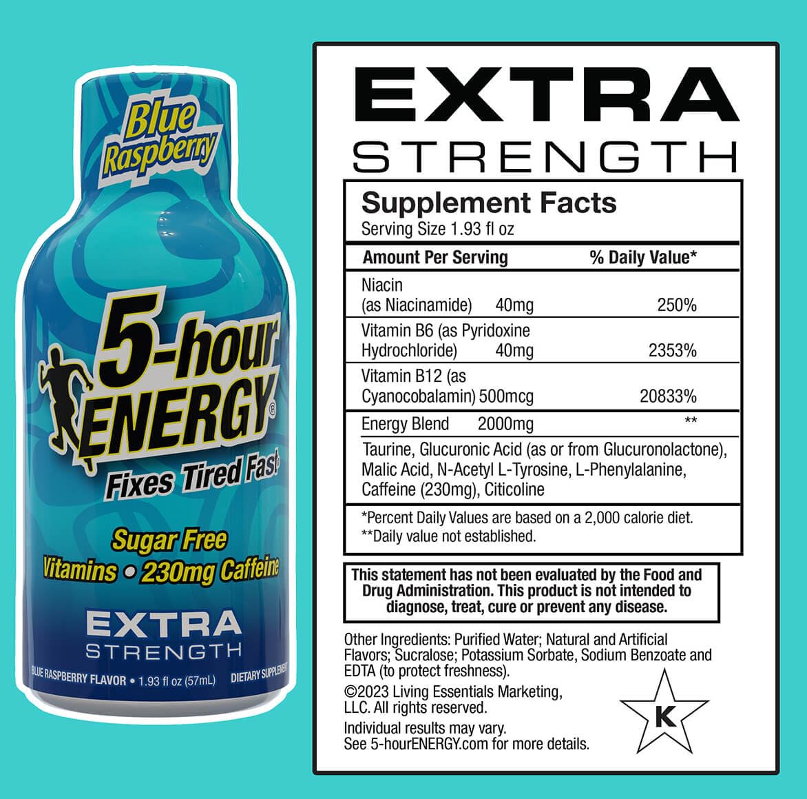Close-up of 5-hour ENERGY Extra Strength Blue Raspberry label