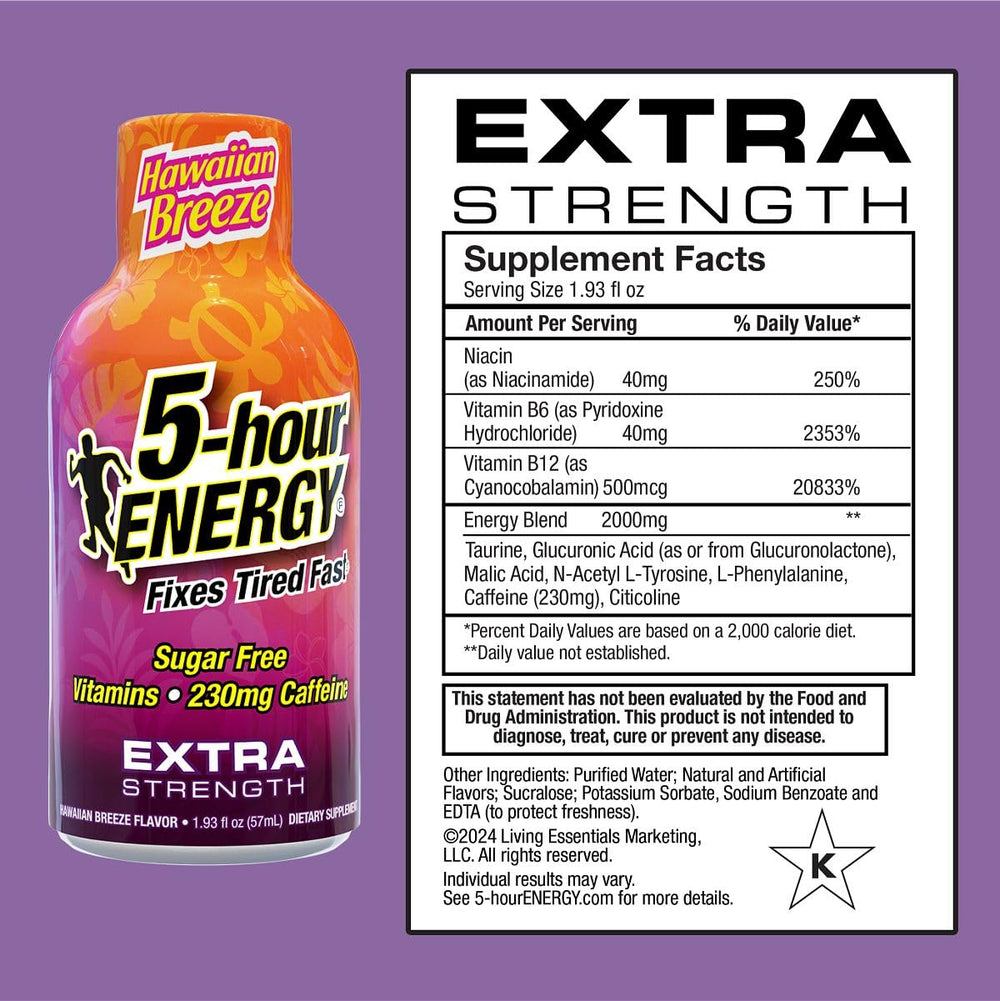 Back panel labeling of 5-hour ENERGY Hawaii Breeze 30-count