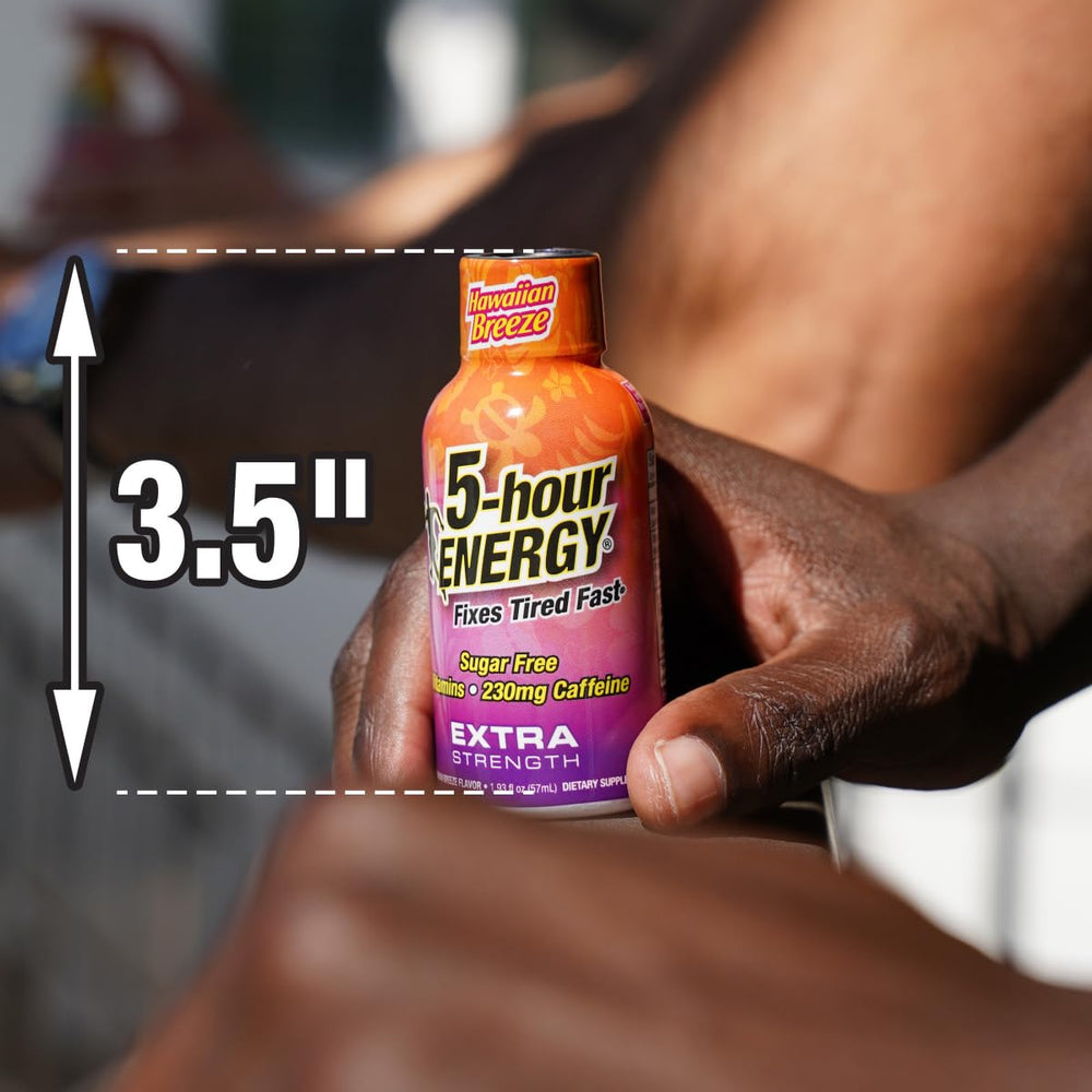 Close-up of 5-hour ENERGY Extra Strength Shots Hawaiian Breeze bottle