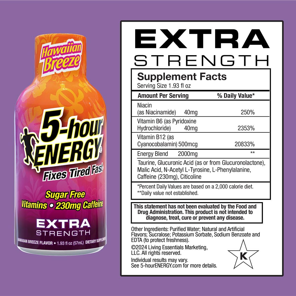 Product label for 5-hour ENERGY Extra Strength Shots Hawaiian Breeze