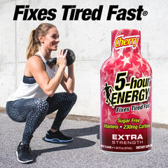 5-hour ENERGY Cherry label closeup showing zero sugar and zero calories.