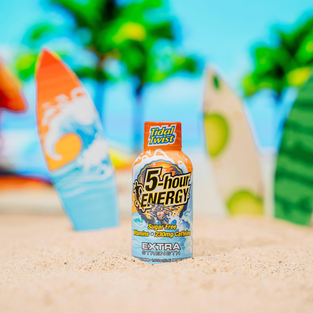 5-hour ENERGY Tidal Twist packaging display highlights zero sugar and calories.