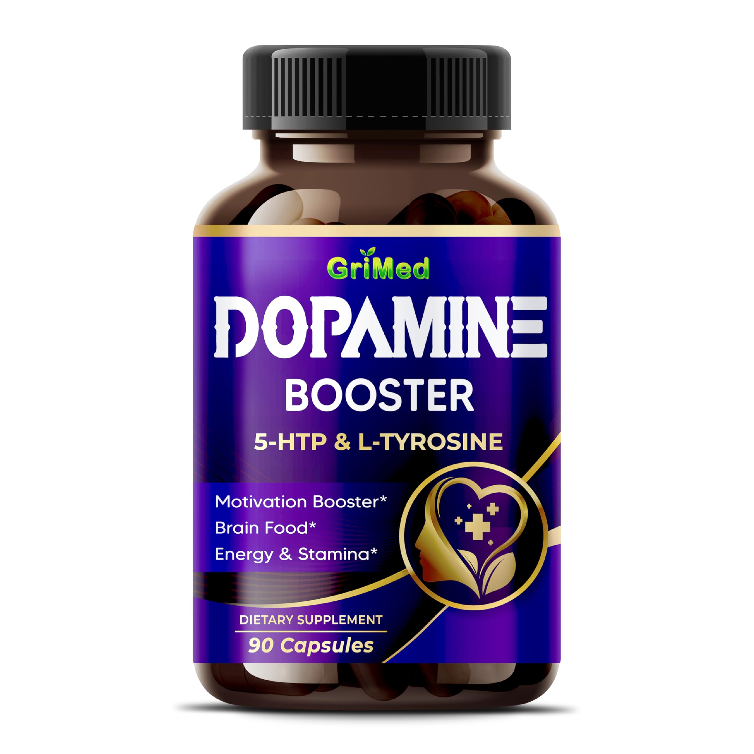 Bottle of GriMed 5-HTP L-Tyrosine capsules with label