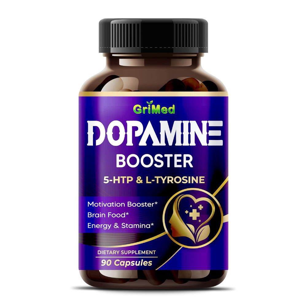 Bottle of GriMed 5-HTP L-Tyrosine capsules with label