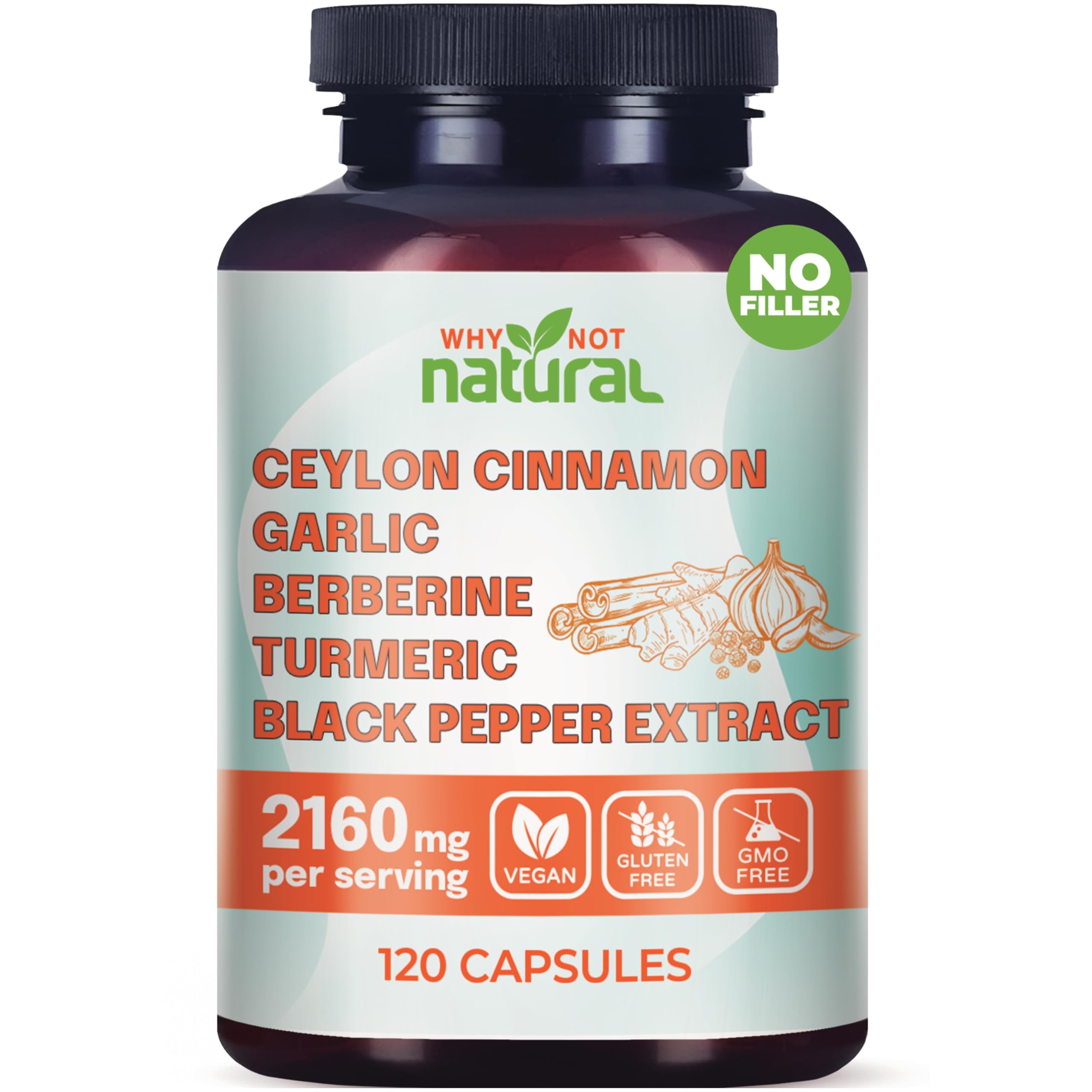 Label image showing 5-in-1 Cinnamon capsules with Berberine, Garlic, Turmeric and Black Pepper