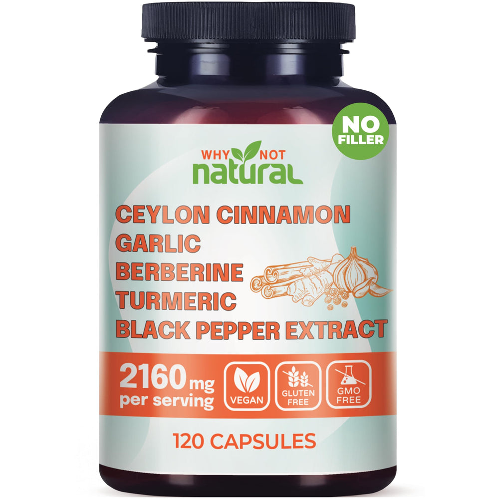 Label image showing 5-in-1 Cinnamon capsules with Berberine, Garlic, Turmeric and Black Pepper