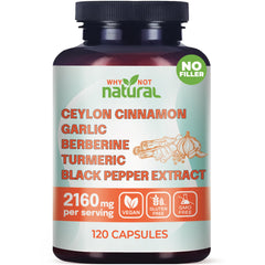 Label image showing 5-in-1 Cinnamon capsules with Berberine, Garlic, Turmeric and Black Pepper