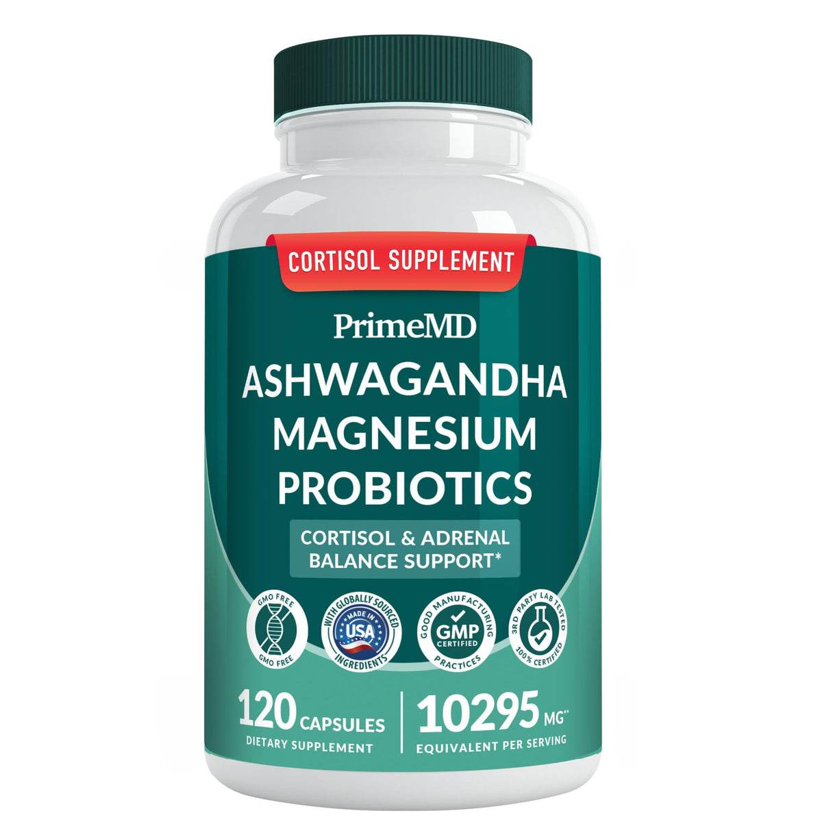 Bottle of 5-in-1 cortisol support supplement (120 count)