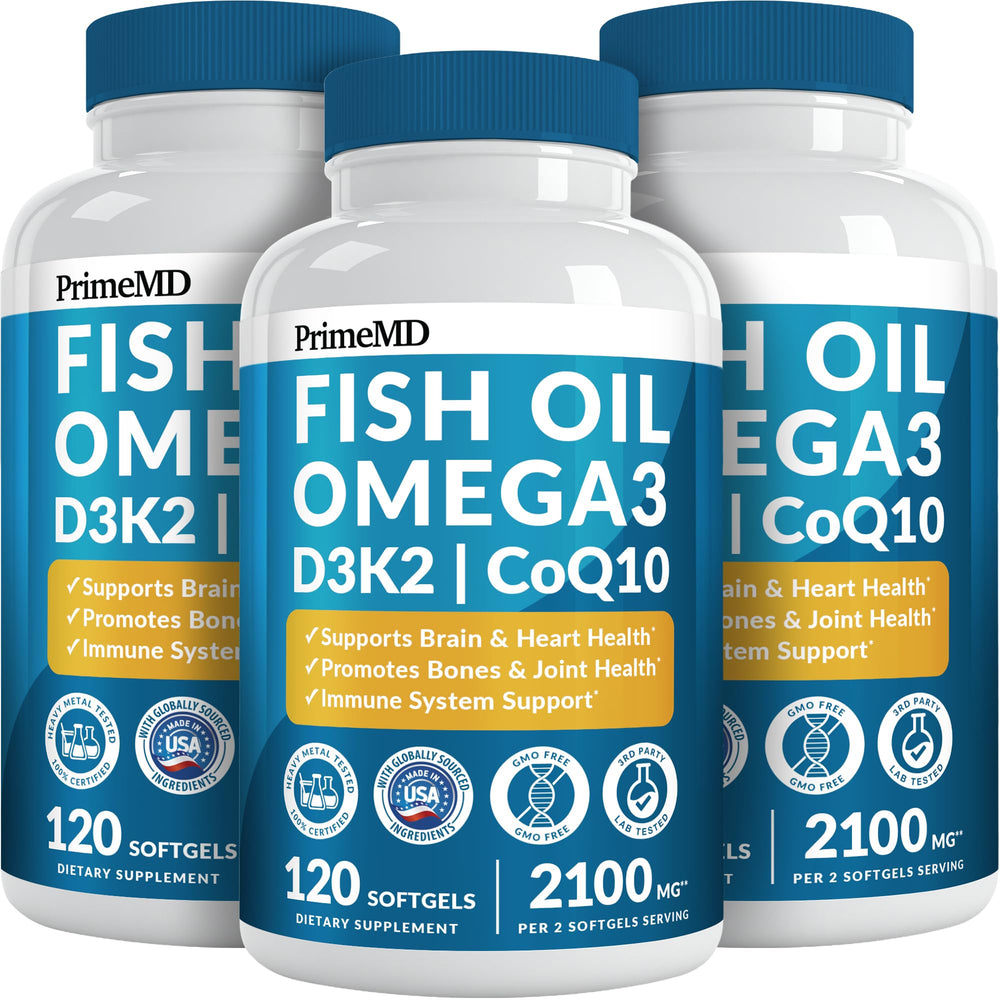 Front view of a 3-pack of 5-in-1 Fish Oil Omega-3 Lemon softgels