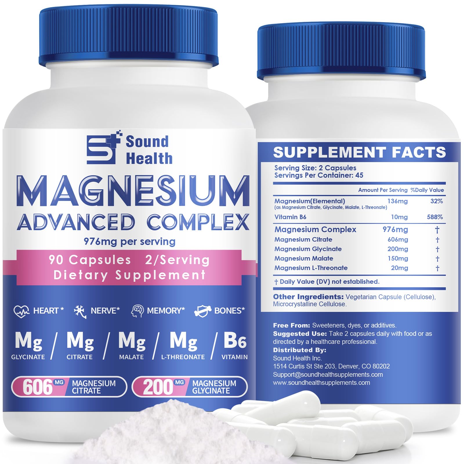 Product bottle labeled 5 in 1 Magnesium Complex 976mg