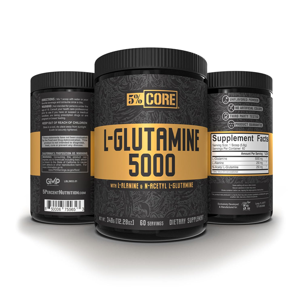 Close-up of the product label for 5% Nutrition Core L-Glutamine 5000