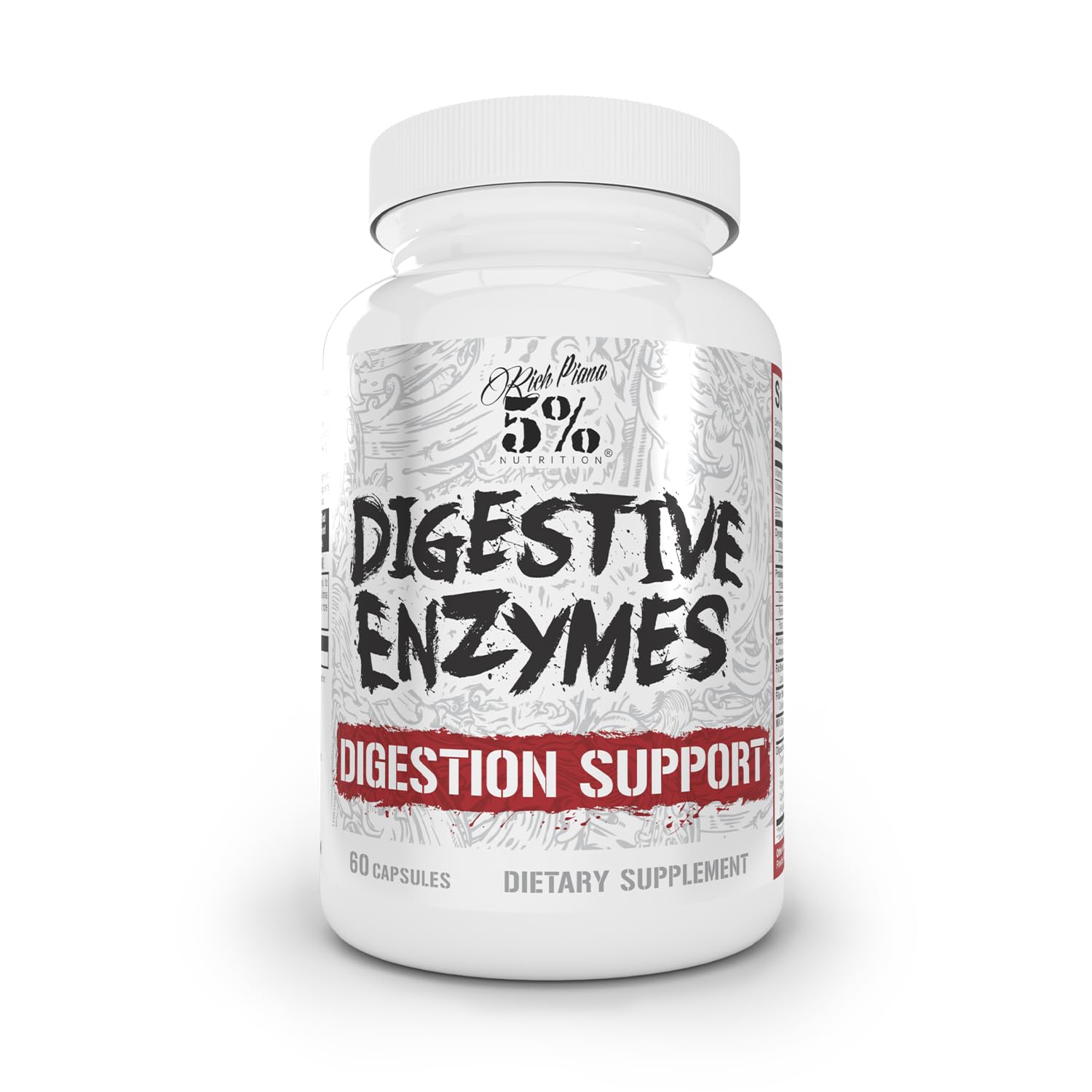 Bottle label of 5% Nutrition Rich Piana Digestive Enzymes with Vitamin B Complex