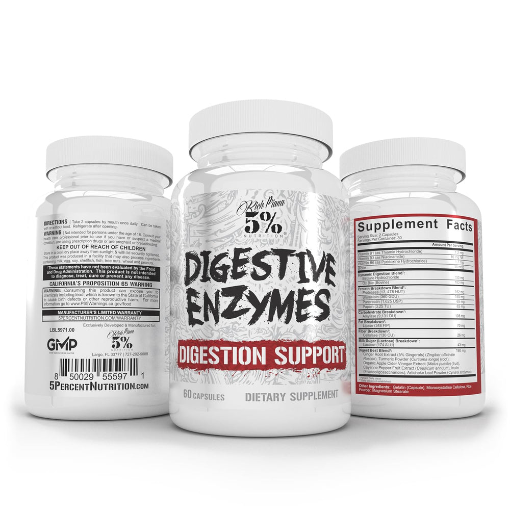 Enzyme supplement bottle showing product benefits for digestion