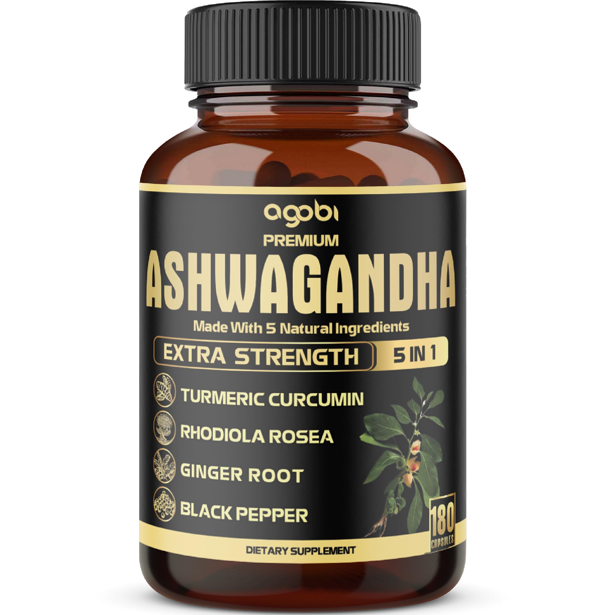 Product hero image showing 5in1 Ashwagandha Turmeric Ginger Rhodiola Black Pepper capsules